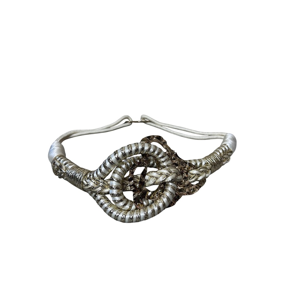 Womens‎ White & Gold Braided Rope Belt Adjustable Knot Design Waist Vintage Glam